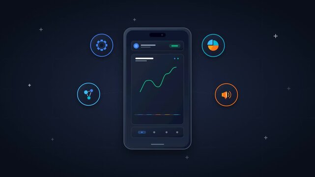 Flat vector animated business graphic showing a smartphone UI with growing vertical chart bars, a green trend line, and four floating circular business icons on a dark navy blue background.