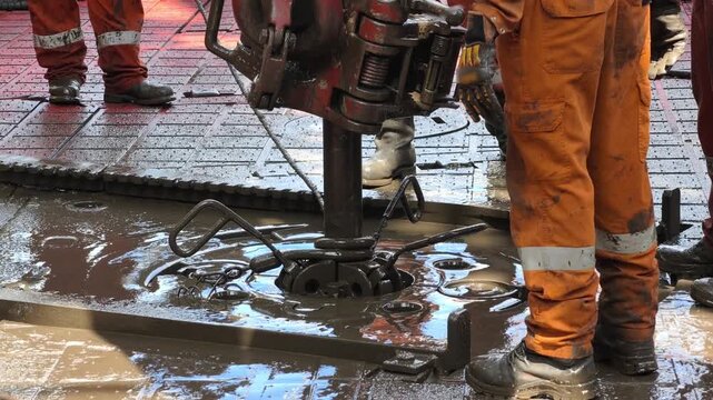 Rig crew perform pulling of of hole drill string with oil based mud on the rig floor. Trip out of hole.
