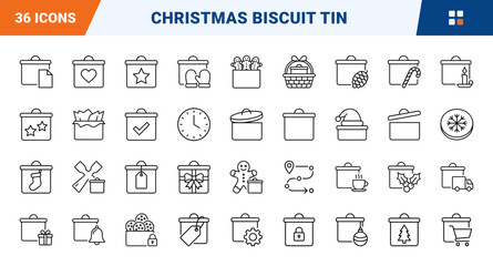 Fototapeta premium Christmas Biscuit Tin Web Icon Set in Linear Style. Collection of Holiday Gift Tin line icons, including ribbon bow, cookie tin, holiday gift, santa hat, gingerbread, snowflake and more.