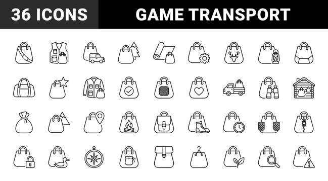 Game Bag Field Carry Web Icon Set in Linear Style. Collection of Outdoor Gear line icons, including field carrier, hunting bag, strap pouch, game sack, trail transport, vent bag, forest pack and more.
