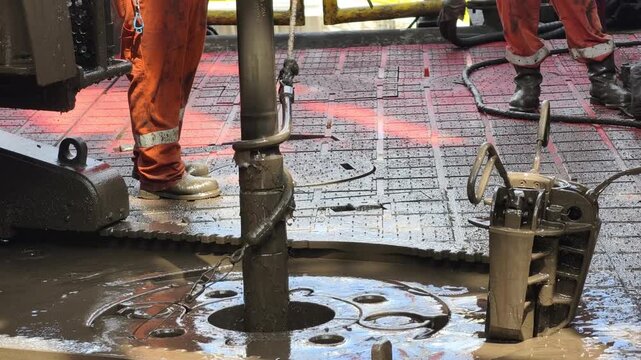 Rig crew perform pulling of of hole drill string with oil based mud on the rig floor. Trip out of hole.