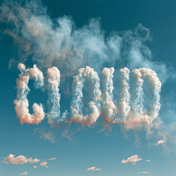 青空に浮かぶ綿雲で描かれたCLOUDの文字アートの幻想的な情景