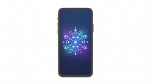 AI Smartphone Flat Illustration &ndash; Modern mobile phone featuring an abstract artificial intelligence interface, isolated on white background for futuristic technology concepts.