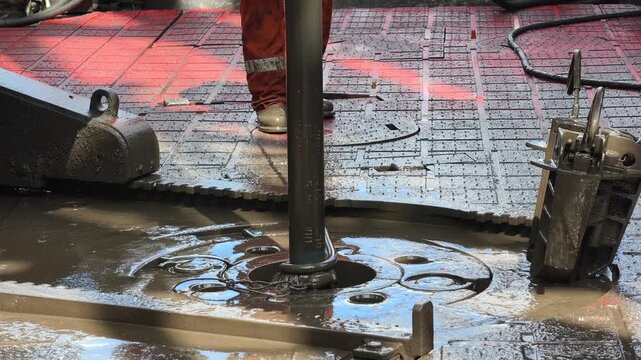 Rig crew perform pulling of of hole drill string with oil based mud on the rig floor. Trip out of hole.