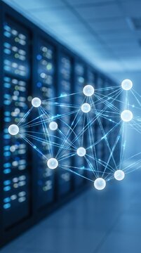 Futuristic digital network data flow abstract blue technology connection lines and server infrastructure visualization