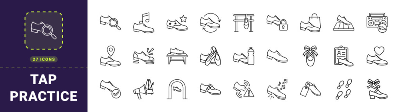 Tap Shoe Tap Class Web Icon Set in Linear Style. Collection of Dance Footwear line icons, including tap shoe, metal plate, dance floor, rhythm beat, metronome, class schedule and more.