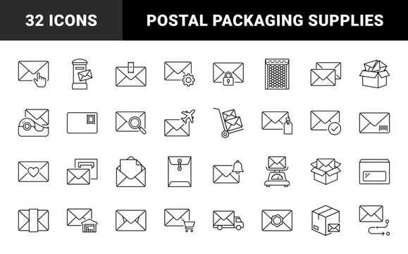 Envelope Supply Web Icon Set in Linear Style. Collection of Stationer Packaging line icons, including paper envelope, packaging box, postage stamp, delivery truck, mail slot, postal scale and more.