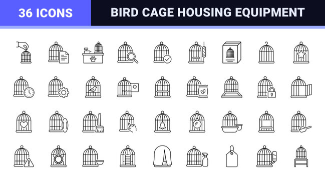 Bird Cage Pet Bird Care Web Icon Set in Linear Style. Collection of Avian Home line icons, including bird cage, swinging perch, seed feeder, water bottle, cleaning brush, cage cover and more.