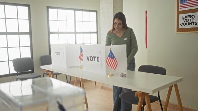 Woman points finger to voter sticker on her shirt while holding a ballot card near small american flag on table in voting building; pride civic duty.