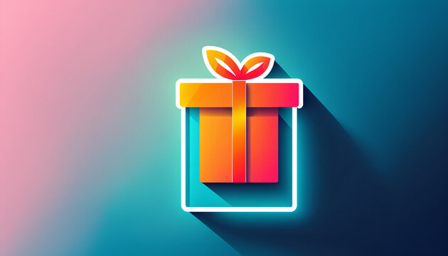 flat two dimensional colorful illustration of a single wrapped gift box with a ribbon and bow and a long diagonal drop shadow on a blue and pink gradient.