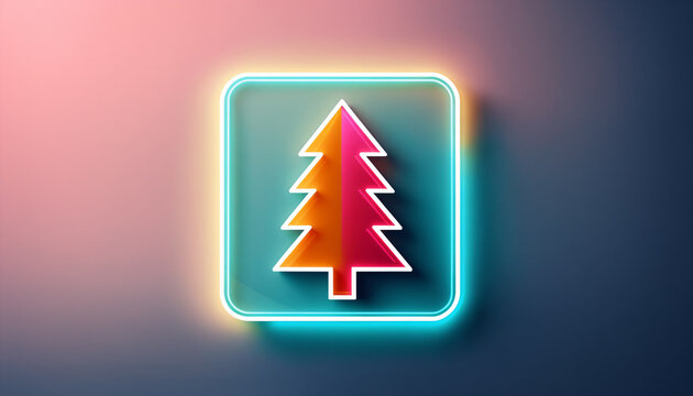 vibrant glowing neon outline icon of a stylized fir tree with orange and magenta sections inside a rounded square border over a smooth gradient surface