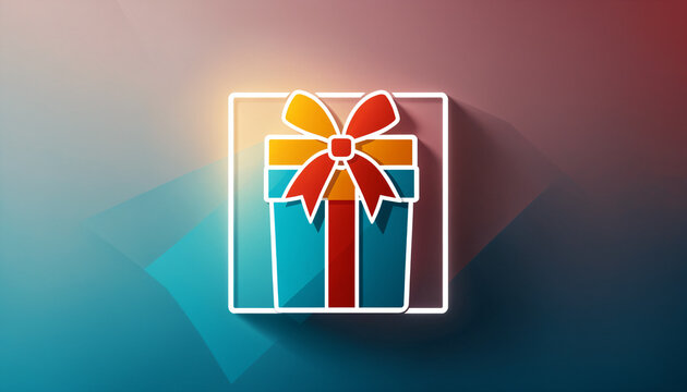 vibrant glowing blue and orange wrapped gift box with a red tied bow inside a square frame casting a shadow over an angular gradient surface