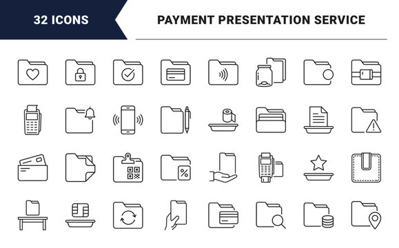 Bill Presenter Payment Presentation Web Icon Set in Linear Style. Collection of Restaurant Check Service line icons, including folder presenter, card slot, tip jar, terminal and more.