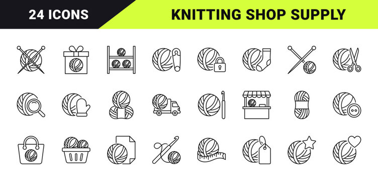 Yarn Ball Yarn Shop Web Icon Set in Linear Style. Collection of Craft Supply line icons, including knitting needles, crochet hook, store shelf, craft tote, price tag, scissors, shopping basket