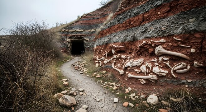Rustic dirt path leads to an abandoned tunnel entrance in rocky terrain.