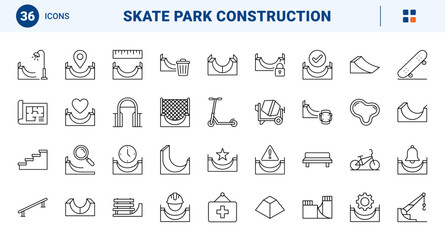Obraz premium Skate Park Building Web Icon Set in Linear Style. Collection of Skate Park Construction line icons, including quarterpipe ramp, grind rail, bowl pool, safety helmet, blueprint plan and more.