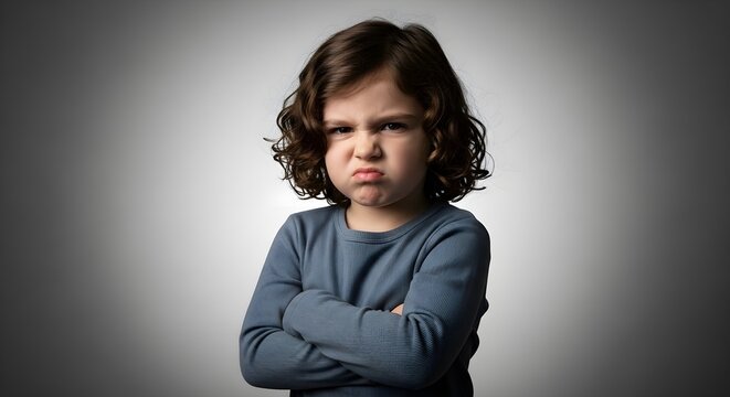 Young child crosses arms with frustrated expression against neutral background.