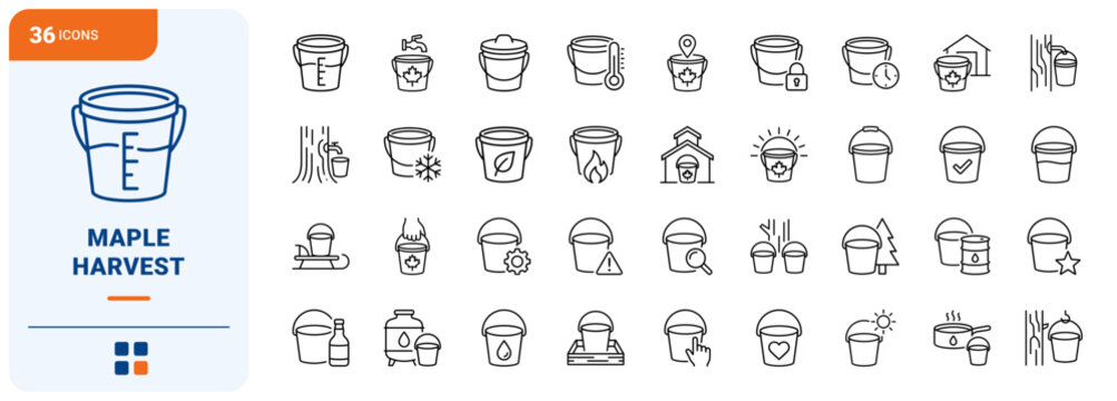 Maple Bucket Spring Sap Season Web Icon Set in Linear Style. Collection of Syrup Harvest line icons, including maple bucket, tree tap spigot, sap drop, bucket lid, sugarhouse and more.