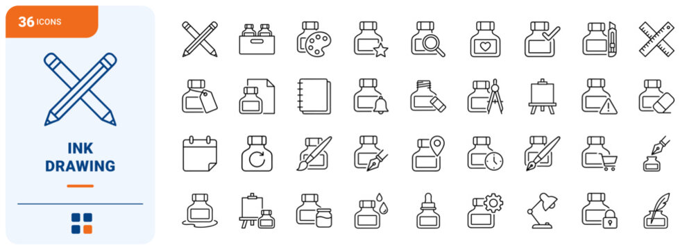 Ink Bottle Ink Drawing Web Icon Set in Linear Style. Collection of Art Craft line icons, including quill pen, steel nib, paint brush, art palette, sketchpad, wash line, ink dropper, dip pen and more.