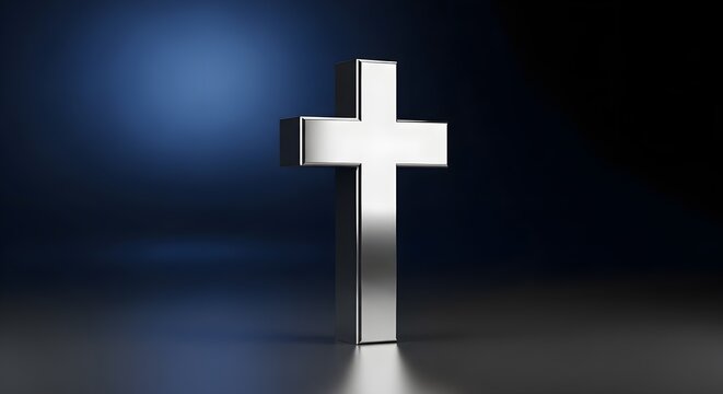 Minimalist white cross casting a shadow on a dark, gradient-lit background.