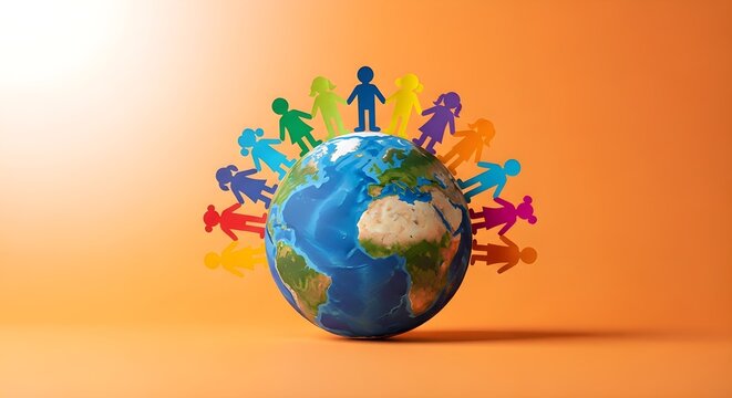 Colorful human figures orbit a globe representing global unity and diversity.