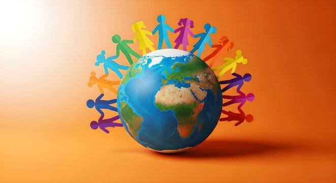 Colorful 3D-rendered globe surrounded by diverse human figures in a vibrant composition.