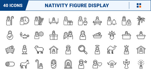 Obraz premium Nativity Figure Nativity Scene Web Icon Set in Linear Style. Collection of nativity display line icons, including holy baby, stable gable, manger cradle, star ray, sheep figure, gift chest and more.