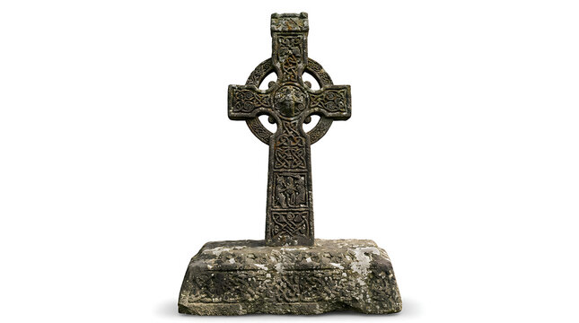Ancient weathered stone Celtic cross with intricate knotwork patterns isolated on white