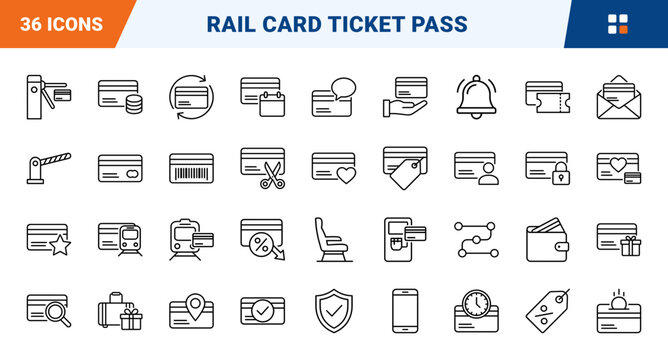 Rail Card Discount Web Icon Set in Linear Style. Collection of train pass line icons, including rail card, fare discount, train ticket, savings coupon, wallet pass, travel route and more.