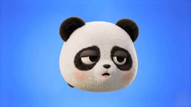 Cute 3D cartoon panda bear head with half-closed sleepy eyes and a bored expression floating against a solid blue screen backdrop. Ideal for tired or unamused reaction stickers, funny social media con
