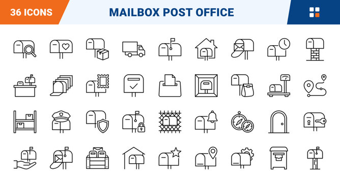 Mailbox Post Office Web Icon Set in Linear Style. Collection of Postal Service line icons, including open mailbox, delivery truck, location pin, parcel box, sorting crate, collection box and more.