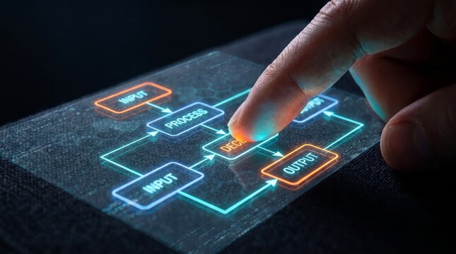 Human finger interacts with glowing digital flowchart interface featuring bright neon blue and orange colors on a transparent glass screen