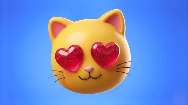Vibrant yellow 3D cartoon kitten head featuring glossy red heart-shaped eyes representing love and adoration on a solid blue screen background. Great for Valentine's Day promos, romantic video content