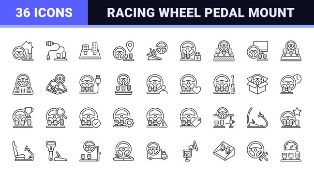 Racing Wheel Pedal Setup Web Icon Set in Linear Style. Collection of Sim Racing Hardware line icons, including pedal setup, footrest base, desk clamp, floor plate, gauge dial, cable harness and more.