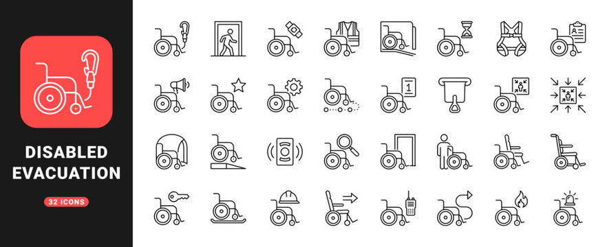 Personal Evacuation Planning Web Icon Set in Linear Style. Collection of Mobility Rescue line icons, including wheelchair exit, route tracking, rescue chair, ramp access, safety harness and more.