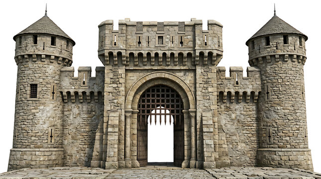 Ancient Medieval Stone Castle Gate with Towers and Portcullis Isolated on White Background