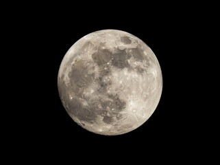 Fototapeta premium A high-detail, telephoto capture of a full moon centered against a deep black background, showcasing craters, lunar maria, and surface texture.