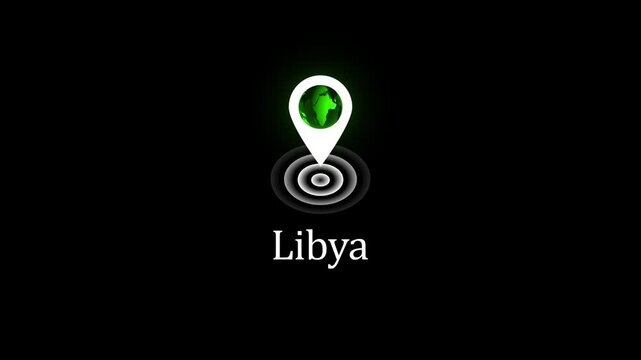 Libya map location pin animation with glowing earth globe and pulsing radar effect on black background 4k stock  video.