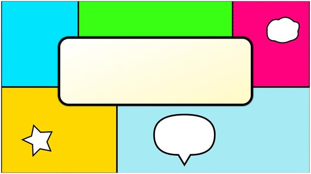 Colorful geometric background with speech bubbles and shapes.
