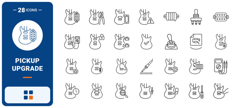 Electric Guitar Pickup Upgrade Web Icon Set in Linear Style. Collection of guitar line icons, including coil pickup, humbucker install, soldering iron, selector switch, wiring, multimeter and more.