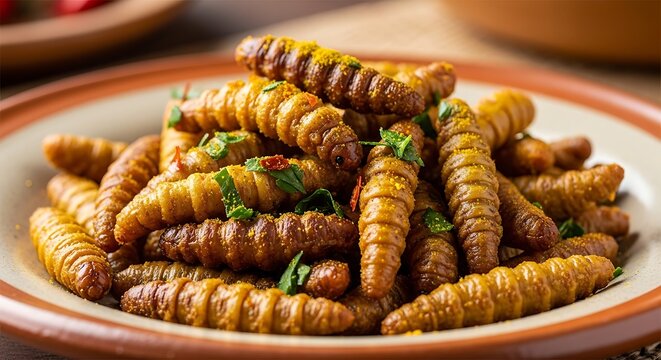 A plate full of golden-brown fried silk worms seasoned with herbs, ready to be enjoyed as a unique delicacy.