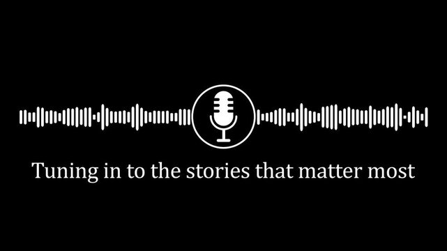 Podcast audio waveform animation with microphone and text overlay: tuning in to the stories that matter most  4k Stock video .