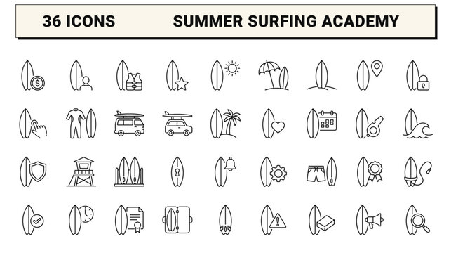 Surf Lesson Board Web Icon Set in Linear Style. Collection of Surfing Academy line icons, including wave board, sun ocean, lesson location, instructor, wetsuit, roof rack and more.