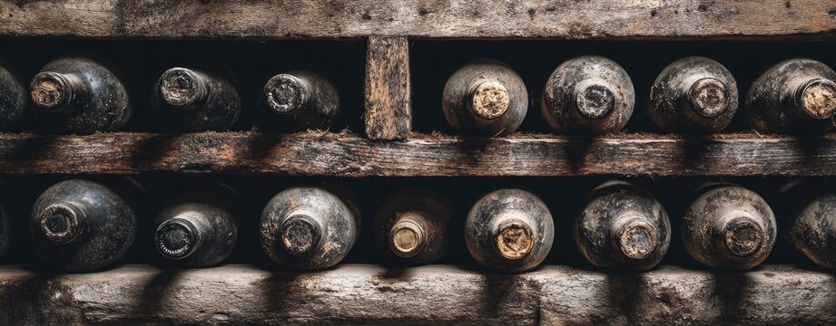 Aged wine bottles on rustic wooden shelves