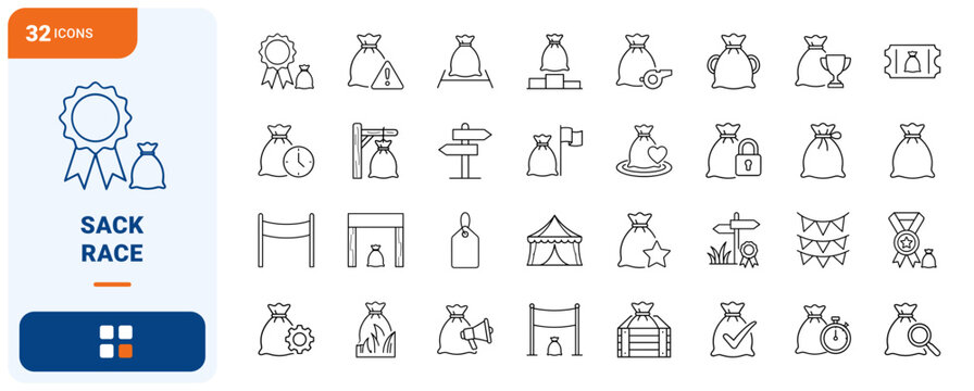 Sack Race Village Fete Web Icon Set in Linear Style. Collection of Lawn Games line icons, including burlap sack, finish line, trophy award, race timer, referee whistle, event tent and more.
