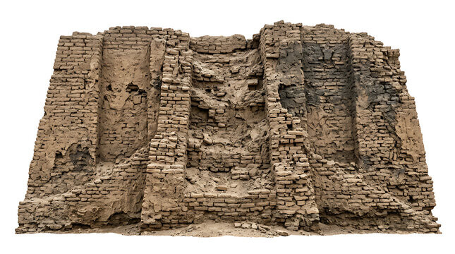 Ancient weathered mud brick wall ruin isolated on a white background for historical design