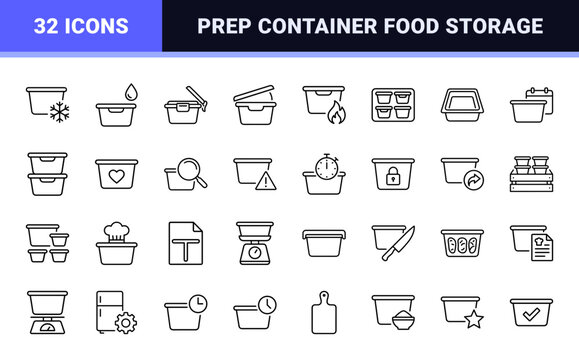 Prep Container Kitchen Mise En Place Web Icon Set in Linear Style. Collection of Meal Prep line icons, including lid seal, inner divider, chef knife, kitchen timer, recipe card, scale, and more.