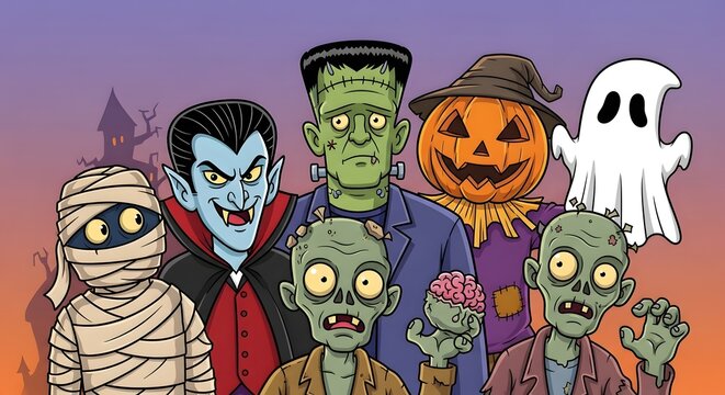 Group of cartoon Halloween monsters including vampire zombie and pumpkin head at spooky sunset.