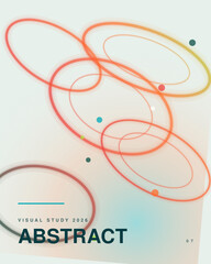 Naklejka premium Abstract geometric vector poster with glowing orange rings. Visual study 2026 graphic design. Modern minimalist background with floating circles.