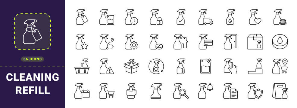 Cleaning Refill Subscription Web Icon Set in Linear Style. Collection of Eco Refill line icons, including spray bottle, refill pouch, subscription box, delivery truck, order tracking, cleaning